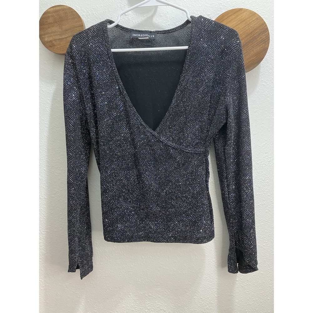 Vintage 90s Ingredients Glitter Faux Wrap Bell Sleeve Grunge Emo Gothic Top Sz L